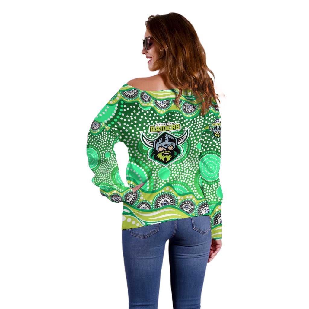 Canberra Raiders Off Shoulder Sweater Aboriginal Dot Pattern - Rugby Mascot Heritage Pride