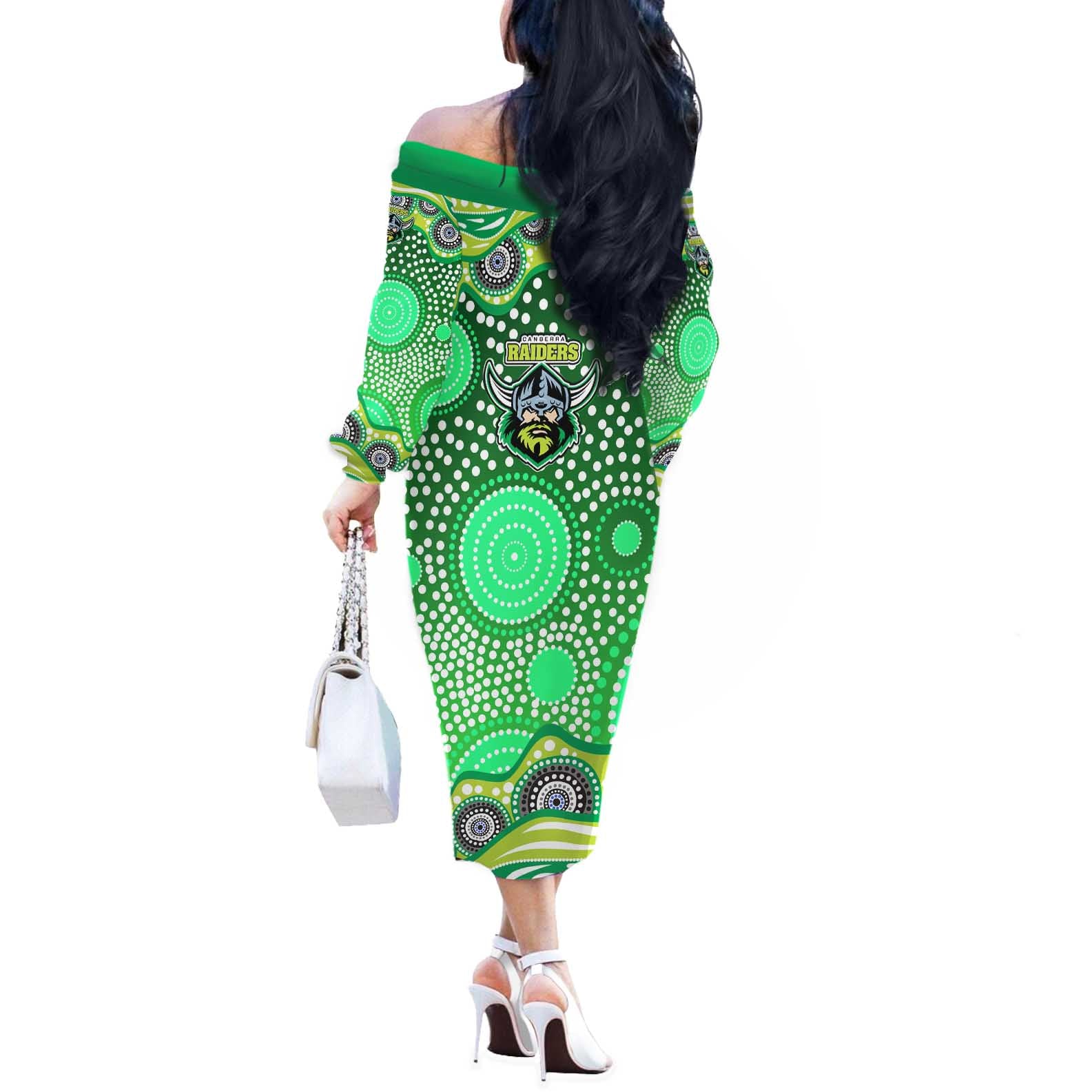 Canberra Raiders Off The Shoulder Long Sleeve Dress Aboriginal Dot Pattern - Rugby Mascot Heritage Pride