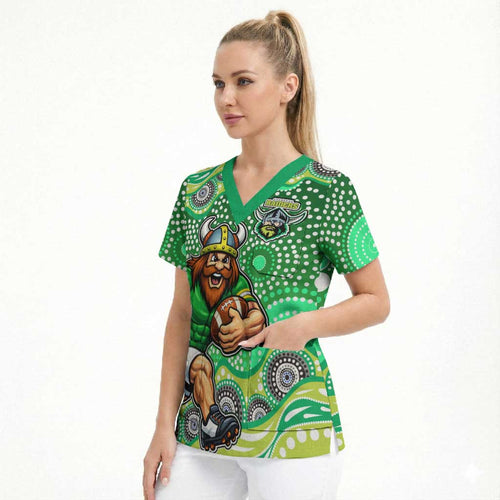 Canberra Raiders Scrub Top Aboriginal Dot Pattern - Rugby Mascot Heritage Pride