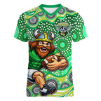 Canberra Raiders Women V-Neck T-Shirt Aboriginal Dot Pattern - Rugby Mascot Heritage Pride