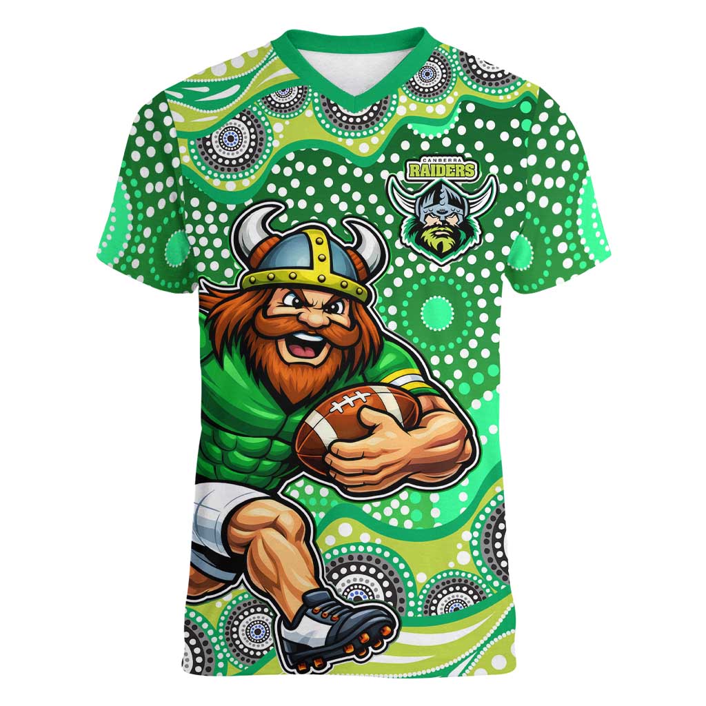 Canberra Raiders Women V-Neck T-Shirt Aboriginal Dot Pattern - Rugby Mascot Heritage Pride
