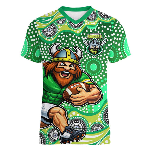 Canberra Raiders Women V-Neck T-Shirt Aboriginal Dot Pattern - Rugby Mascot Heritage Pride