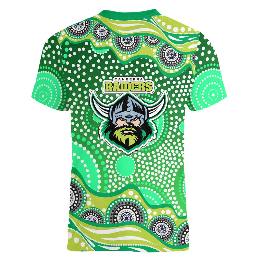 Canberra Raiders Women V-Neck T-Shirt Aboriginal Dot Pattern - Rugby Mascot Heritage Pride