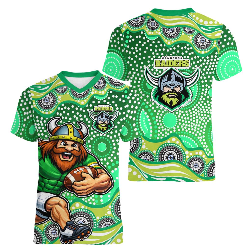 Canberra Raiders Women V-Neck T-Shirt Aboriginal Dot Pattern - Rugby Mascot Heritage Pride