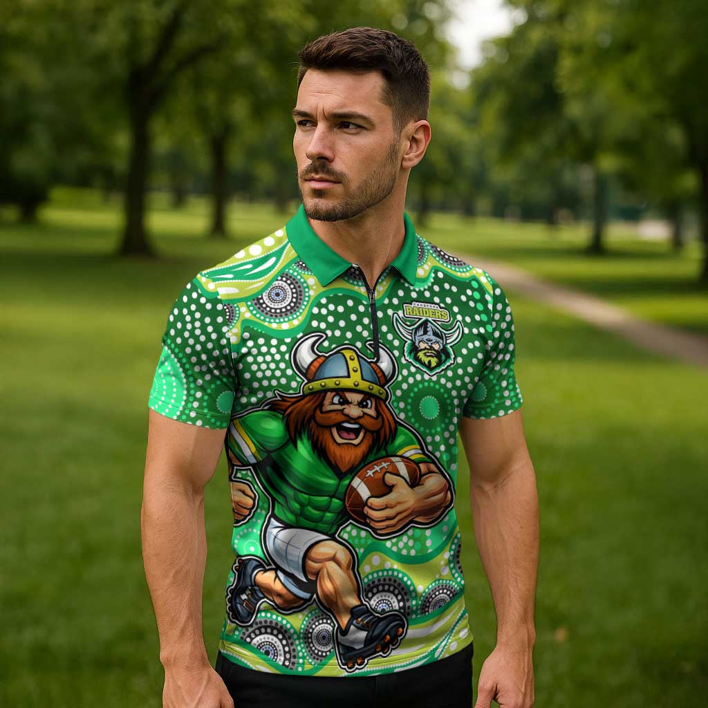 Canberra Raiders Zipper Polo Shirt Aboriginal Dot Pattern - Rugby Mascot Heritage Pride