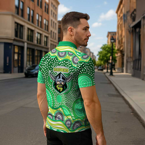 Canberra Raiders Zipper Polo Shirt Aboriginal Dot Pattern - Rugby Mascot Heritage Pride