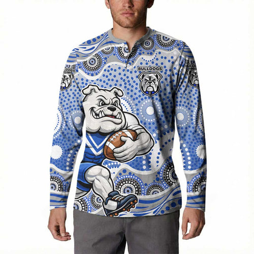 Canterbury-Bankstown Bulldogs Button Sweatshirt Aboriginal Dot Pattern - Rugby Mascot Heritage Pride