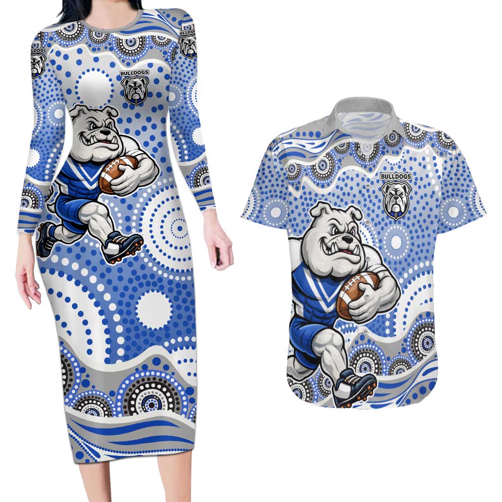 Canterbury-Bankstown Bulldogs Couples Matching Long Sleeve Bodycon Dress and Hawaiian Shirt Aboriginal Dot Pattern - Rugby Mascot Heritage Pride