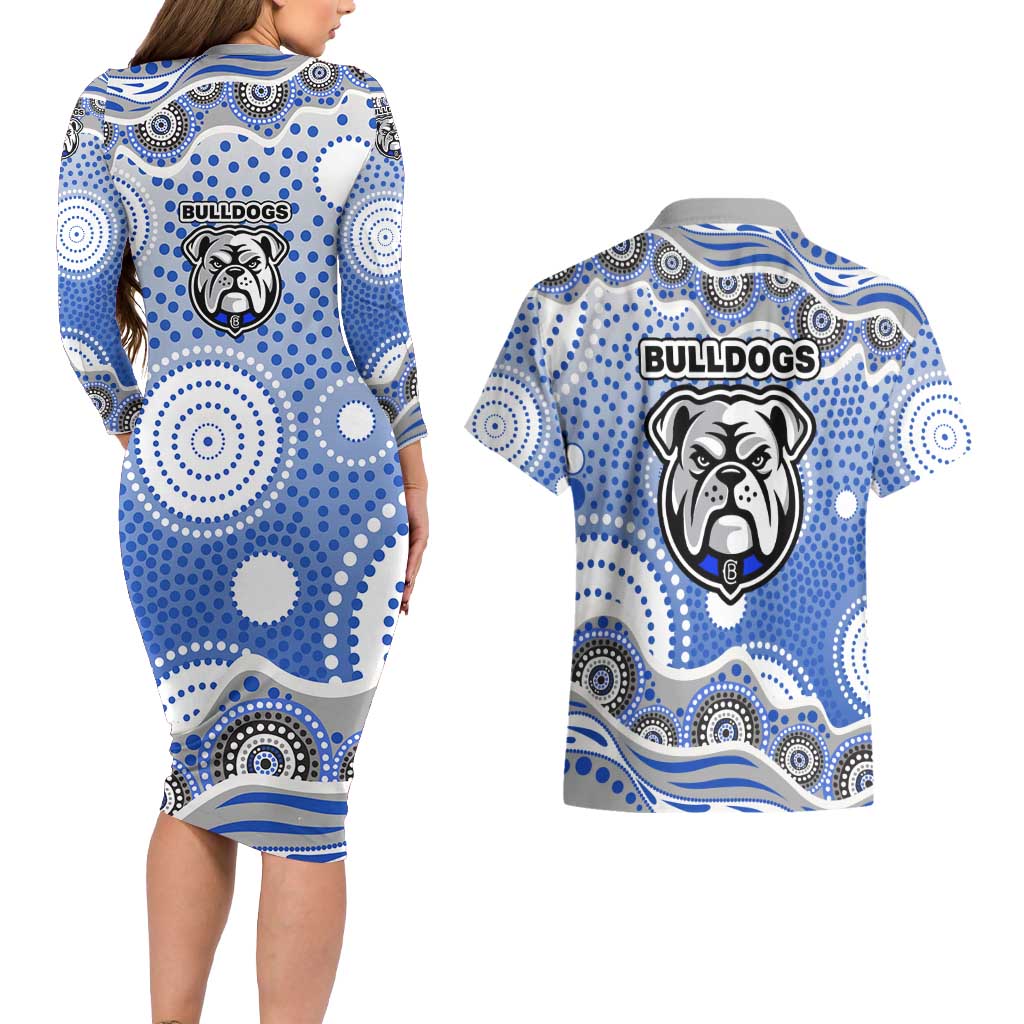 Canterbury-Bankstown Bulldogs Couples Matching Long Sleeve Bodycon Dress and Hawaiian Shirt Aboriginal Dot Pattern - Rugby Mascot Heritage Pride
