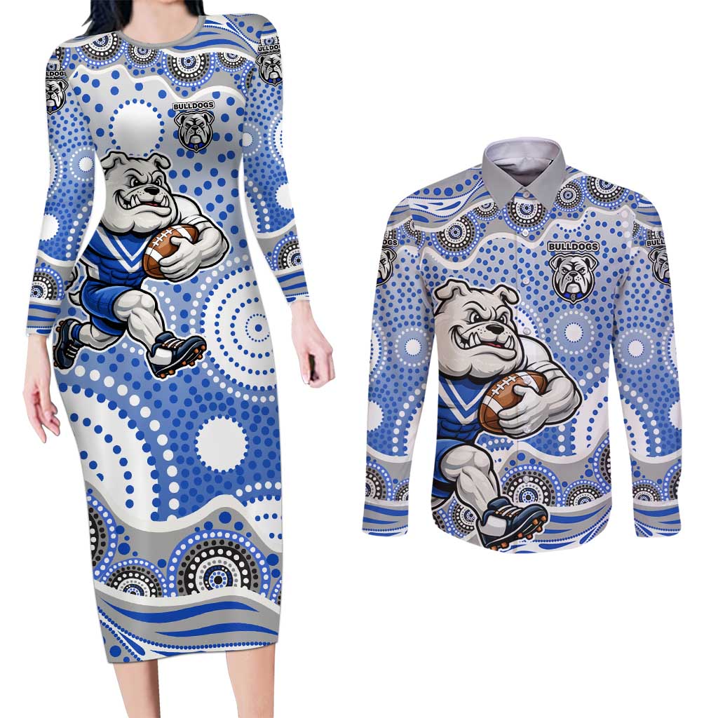 Canterbury-Bankstown Bulldogs Couples Matching Long Sleeve Bodycon Dress and Long Sleeve Button Shirt Aboriginal Dot Pattern - Rugby Mascot Heritage Pride