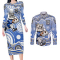 Canterbury-Bankstown Bulldogs Couples Matching Long Sleeve Bodycon Dress and Long Sleeve Button Shirt Aboriginal Dot Pattern - Rugby Mascot Heritage Pride
