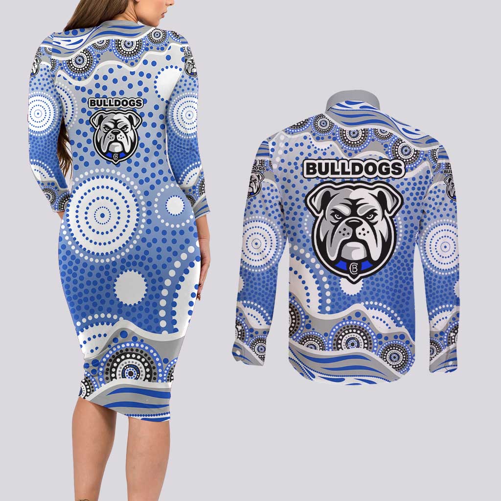 Canterbury-Bankstown Bulldogs Couples Matching Long Sleeve Bodycon Dress and Long Sleeve Button Shirt Aboriginal Dot Pattern - Rugby Mascot Heritage Pride