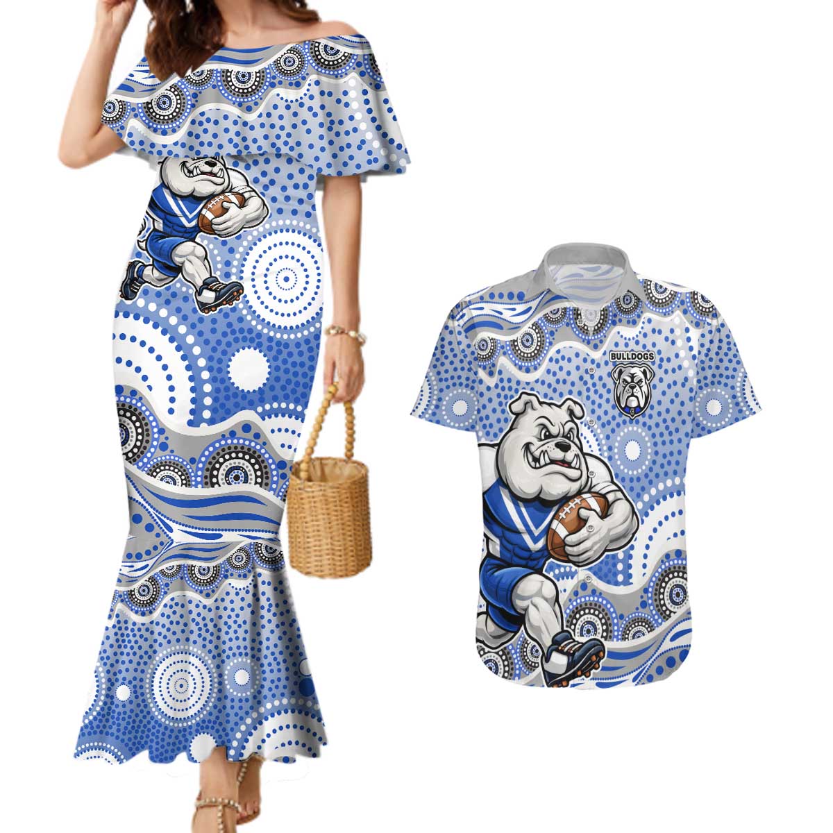 Canterbury-Bankstown Bulldogs Couples Matching Mermaid Dress and Hawaiian Shirt Aboriginal Dot Pattern - Rugby Mascot Heritage Pride