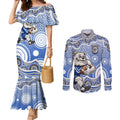 Canterbury-Bankstown Bulldogs Couples Matching Mermaid Dress and Long Sleeve Button Shirt Aboriginal Dot Pattern - Rugby Mascot Heritage Pride