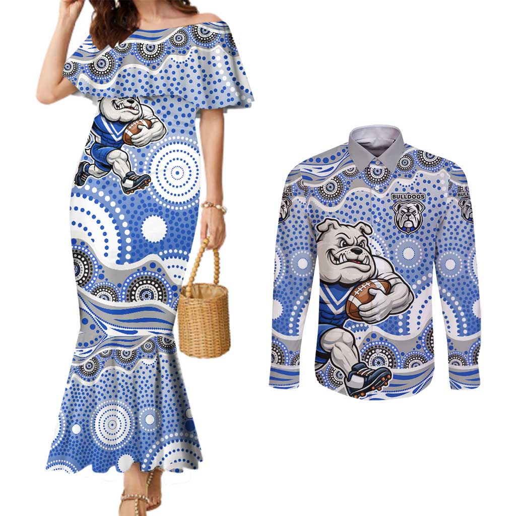 Canterbury-Bankstown Bulldogs Couples Matching Mermaid Dress and Long Sleeve Button Shirt Aboriginal Dot Pattern - Rugby Mascot Heritage Pride