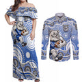 Canterbury-Bankstown Bulldogs Couples Matching Off Shoulder Maxi Dress and Long Sleeve Button Shirt Aboriginal Dot Pattern - Rugby Mascot Heritage Pride