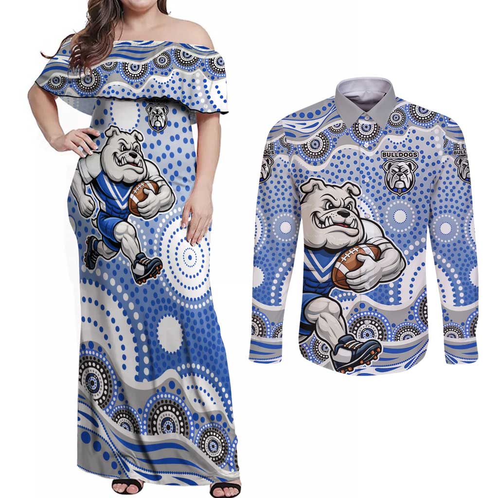 Canterbury-Bankstown Bulldogs Couples Matching Off Shoulder Maxi Dress and Long Sleeve Button Shirt Aboriginal Dot Pattern - Rugby Mascot Heritage Pride