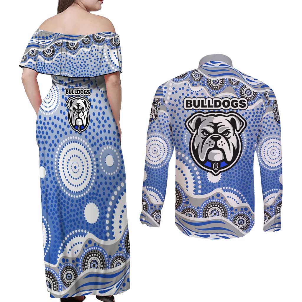 Canterbury-Bankstown Bulldogs Couples Matching Off Shoulder Maxi Dress and Long Sleeve Button Shirt Aboriginal Dot Pattern - Rugby Mascot Heritage Pride
