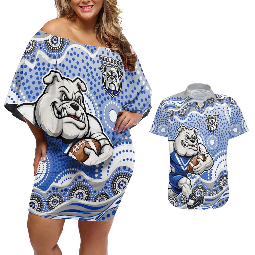 Canterbury-Bankstown Bulldogs Couples Matching Off Shoulder Short Dress and Hawaiian Shirt Aboriginal Dot Pattern - Rugby Mascot Heritage Pride
