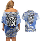 Canterbury-Bankstown Bulldogs Couples Matching Off Shoulder Short Dress and Hawaiian Shirt Aboriginal Dot Pattern - Rugby Mascot Heritage Pride
