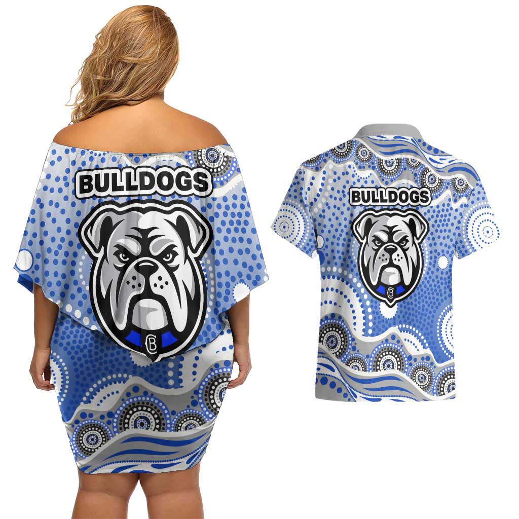 Canterbury-Bankstown Bulldogs Couples Matching Off Shoulder Short Dress and Hawaiian Shirt Aboriginal Dot Pattern - Rugby Mascot Heritage Pride