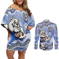 Canterbury-Bankstown Bulldogs Couples Matching Off Shoulder Short Dress and Long Sleeve Button Shirt Aboriginal Dot Pattern - Rugby Mascot Heritage Pride