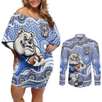 Canterbury-Bankstown Bulldogs Couples Matching Off Shoulder Short Dress and Long Sleeve Button Shirt Aboriginal Dot Pattern - Rugby Mascot Heritage Pride
