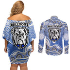 Canterbury-Bankstown Bulldogs Couples Matching Off Shoulder Short Dress and Long Sleeve Button Shirt Aboriginal Dot Pattern - Rugby Mascot Heritage Pride