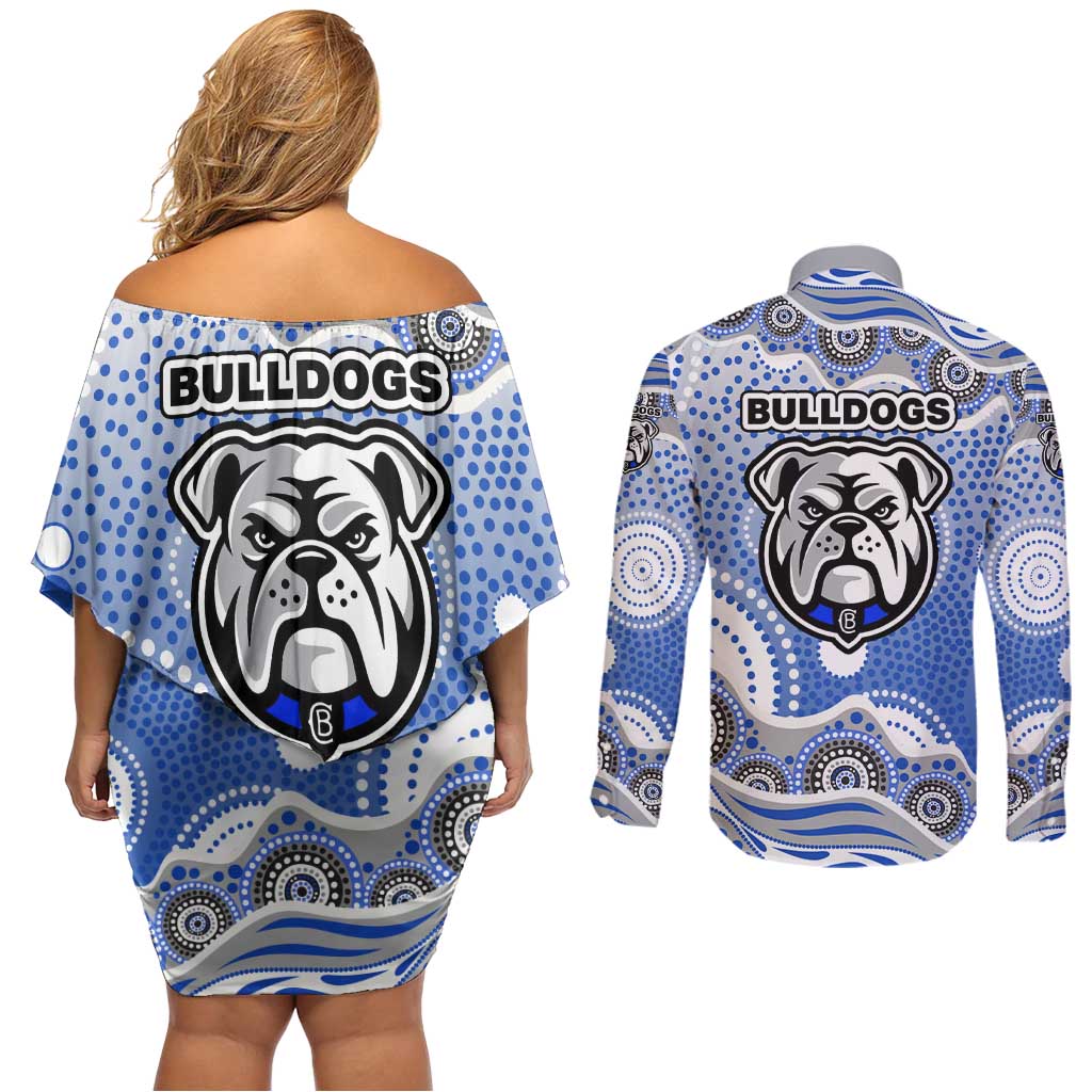 Canterbury-Bankstown Bulldogs Couples Matching Off Shoulder Short Dress and Long Sleeve Button Shirt Aboriginal Dot Pattern - Rugby Mascot Heritage Pride