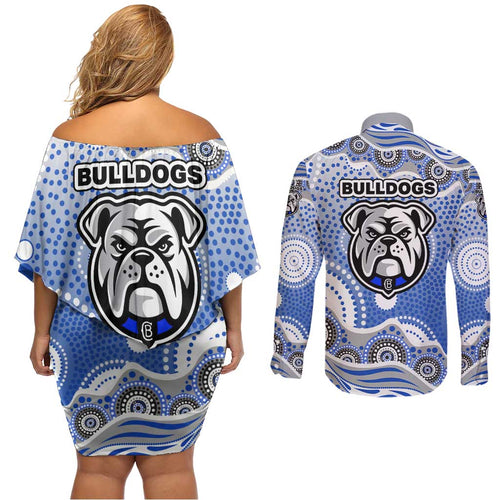 Canterbury-Bankstown Bulldogs Couples Matching Off Shoulder Short Dress and Long Sleeve Button Shirt Aboriginal Dot Pattern - Rugby Mascot Heritage Pride