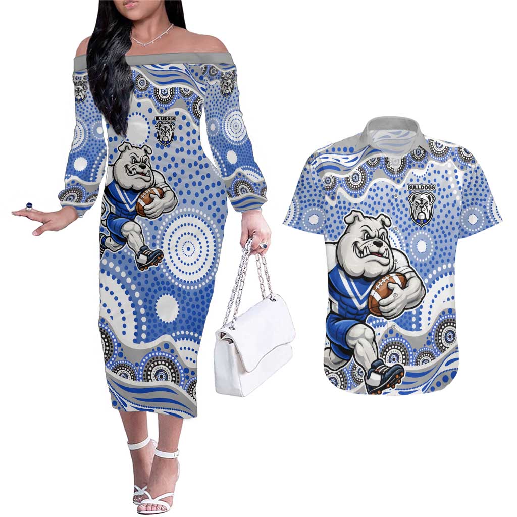 Canterbury-Bankstown Bulldogs Couples Matching Off The Shoulder Long Sleeve Dress and Hawaiian Shirt Aboriginal Dot Pattern - Rugby Mascot Heritage Pride