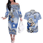 Canterbury-Bankstown Bulldogs Couples Matching Off The Shoulder Long Sleeve Dress and Hawaiian Shirt Aboriginal Dot Pattern - Rugby Mascot Heritage Pride