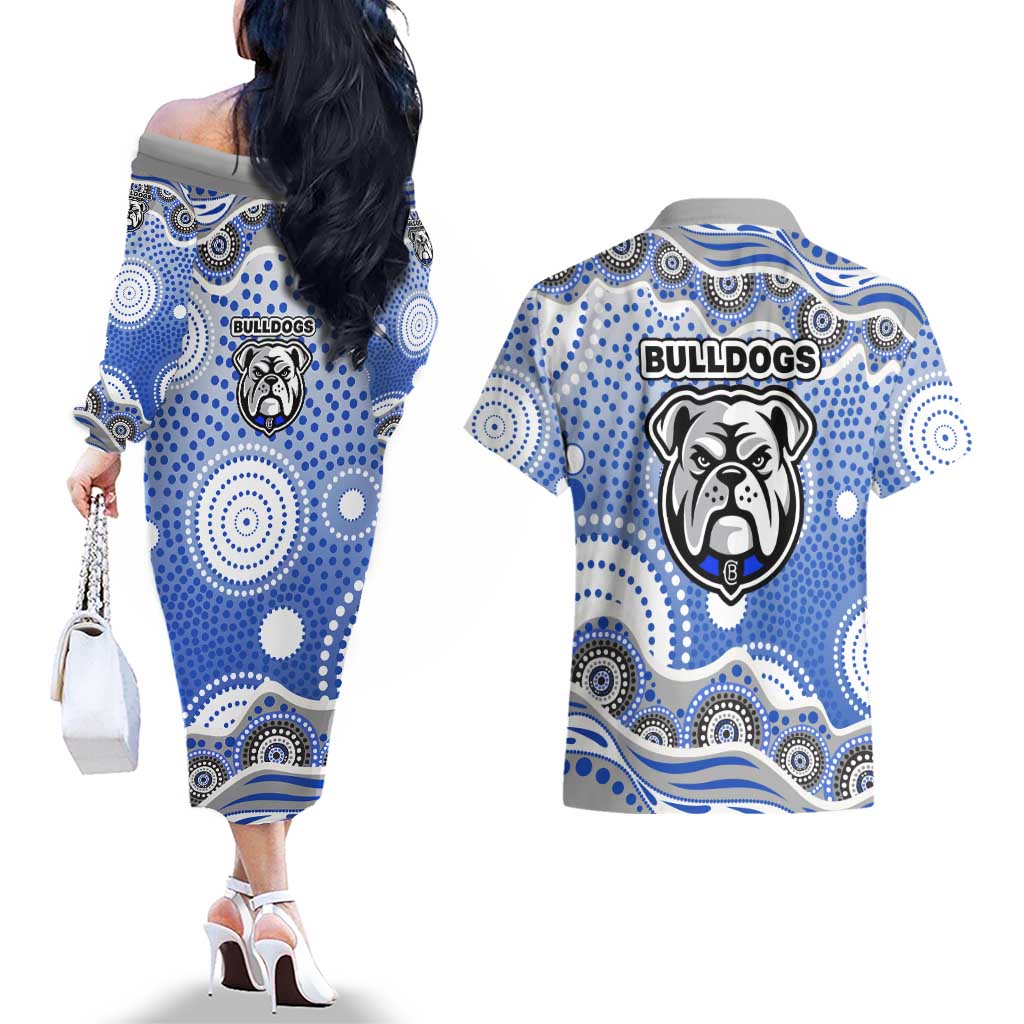 Canterbury-Bankstown Bulldogs Couples Matching Off The Shoulder Long Sleeve Dress and Hawaiian Shirt Aboriginal Dot Pattern - Rugby Mascot Heritage Pride