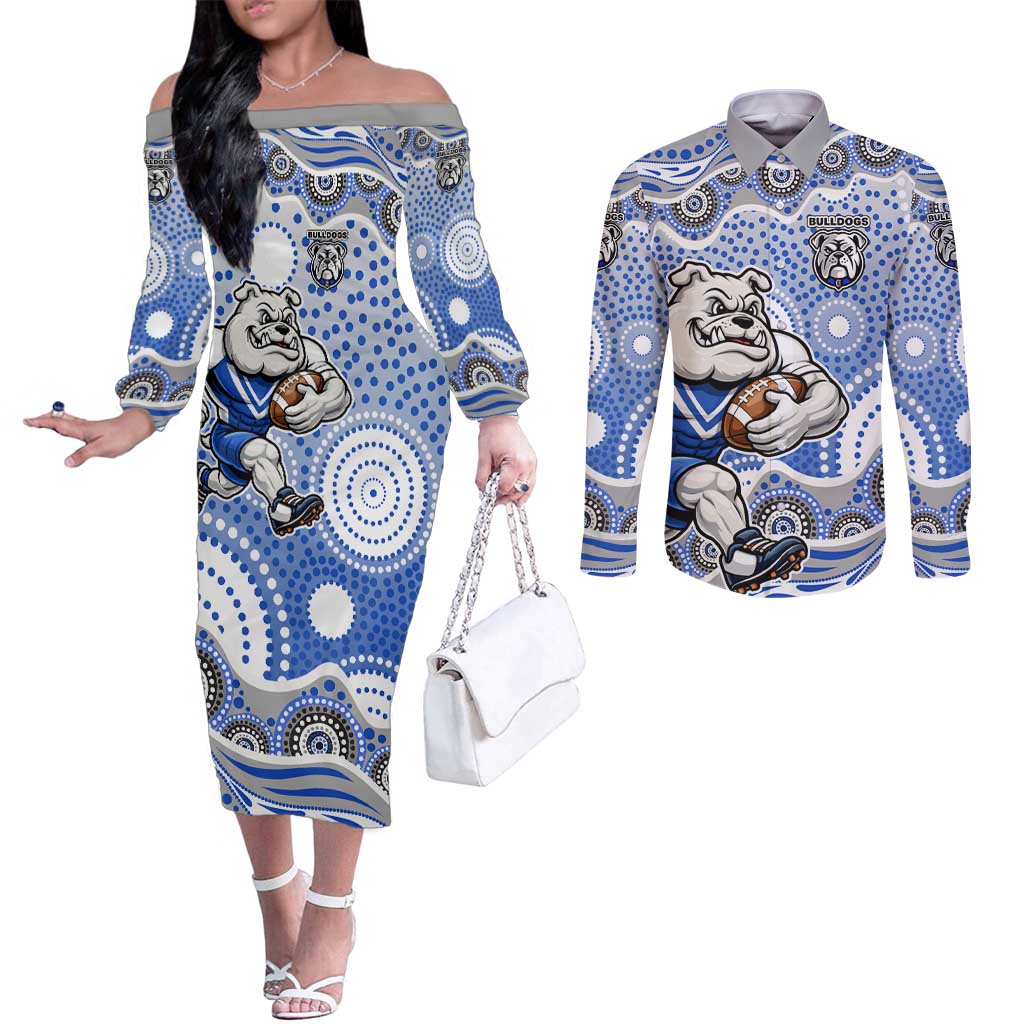 Canterbury-Bankstown Bulldogs Couples Matching Off The Shoulder Long Sleeve Dress and Long Sleeve Button Shirt Aboriginal Dot Pattern - Rugby Mascot Heritage Pride