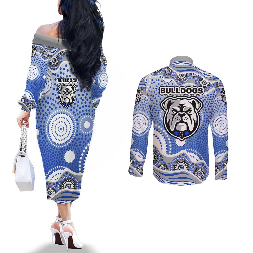 Canterbury-Bankstown Bulldogs Couples Matching Off The Shoulder Long Sleeve Dress and Long Sleeve Button Shirt Aboriginal Dot Pattern - Rugby Mascot Heritage Pride