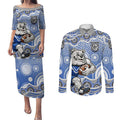 Canterbury-Bankstown Bulldogs Couples Matching Puletasi and Long Sleeve Button Shirt Aboriginal Dot Pattern - Rugby Mascot Heritage Pride