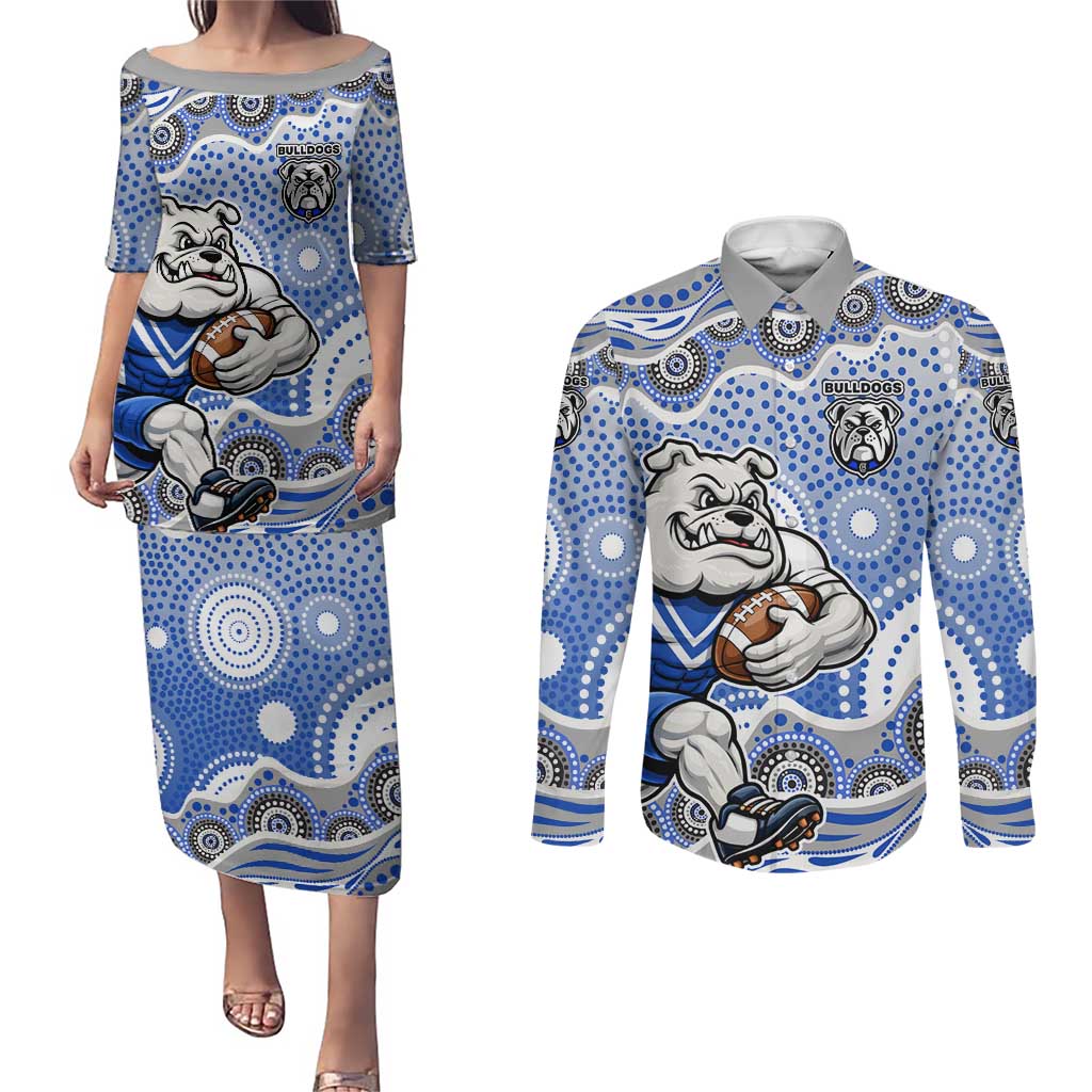 Canterbury-Bankstown Bulldogs Couples Matching Puletasi and Long Sleeve Button Shirt Aboriginal Dot Pattern - Rugby Mascot Heritage Pride