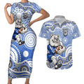 Canterbury-Bankstown Bulldogs Couples Matching Short Sleeve Bodycon Dress and Hawaiian Shirt Aboriginal Dot Pattern - Rugby Mascot Heritage Pride