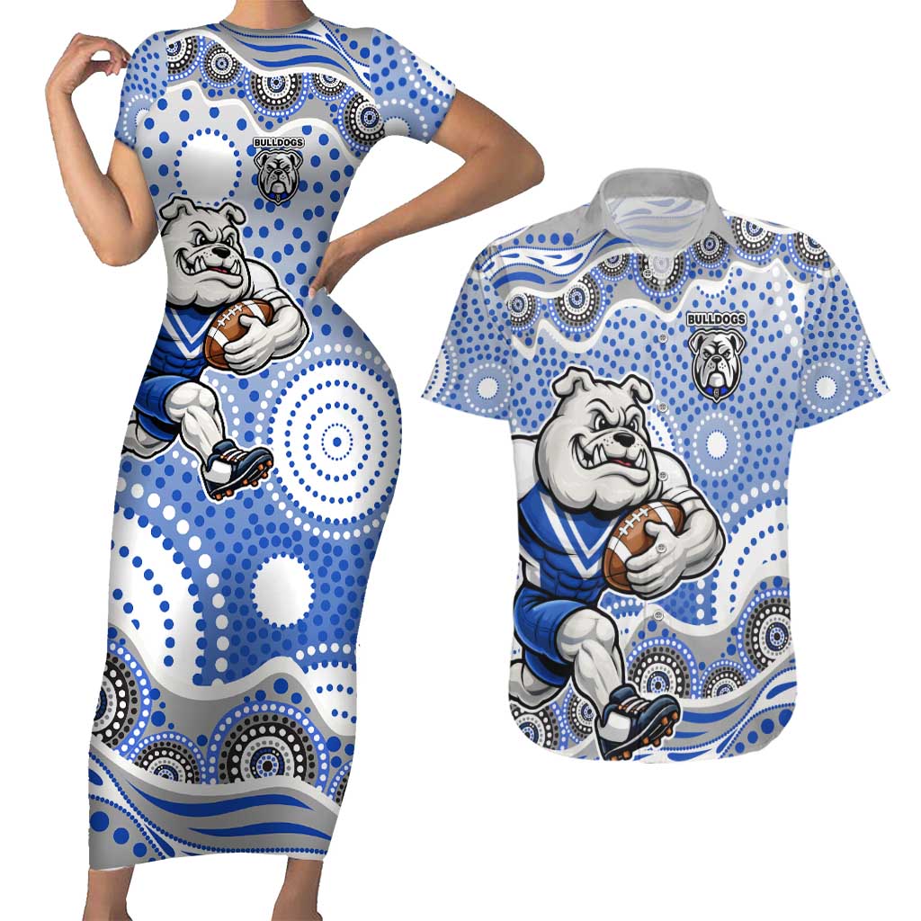 Canterbury-Bankstown Bulldogs Couples Matching Short Sleeve Bodycon Dress and Hawaiian Shirt Aboriginal Dot Pattern - Rugby Mascot Heritage Pride