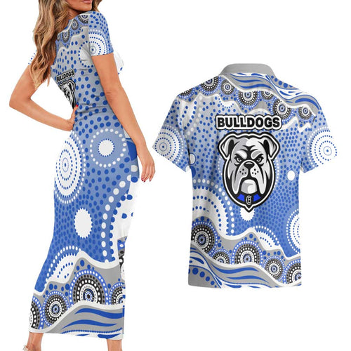 Canterbury-Bankstown Bulldogs Couples Matching Short Sleeve Bodycon Dress and Hawaiian Shirt Aboriginal Dot Pattern - Rugby Mascot Heritage Pride