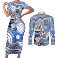 Canterbury-Bankstown Bulldogs Couples Matching Short Sleeve Bodycon Dress and Long Sleeve Button Shirt Aboriginal Dot Pattern - Rugby Mascot Heritage Pride