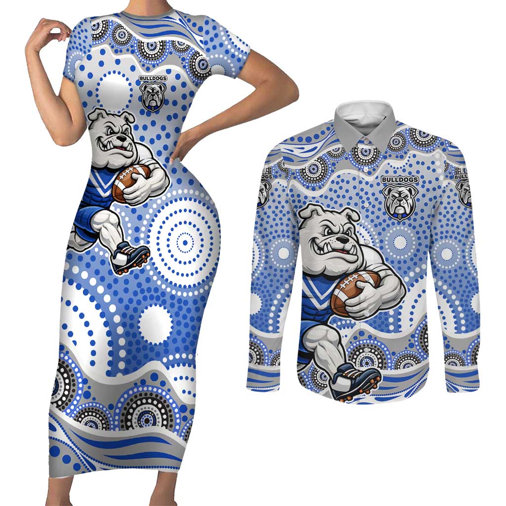 Canterbury-Bankstown Bulldogs Couples Matching Short Sleeve Bodycon Dress and Long Sleeve Button Shirt Aboriginal Dot Pattern - Rugby Mascot Heritage Pride