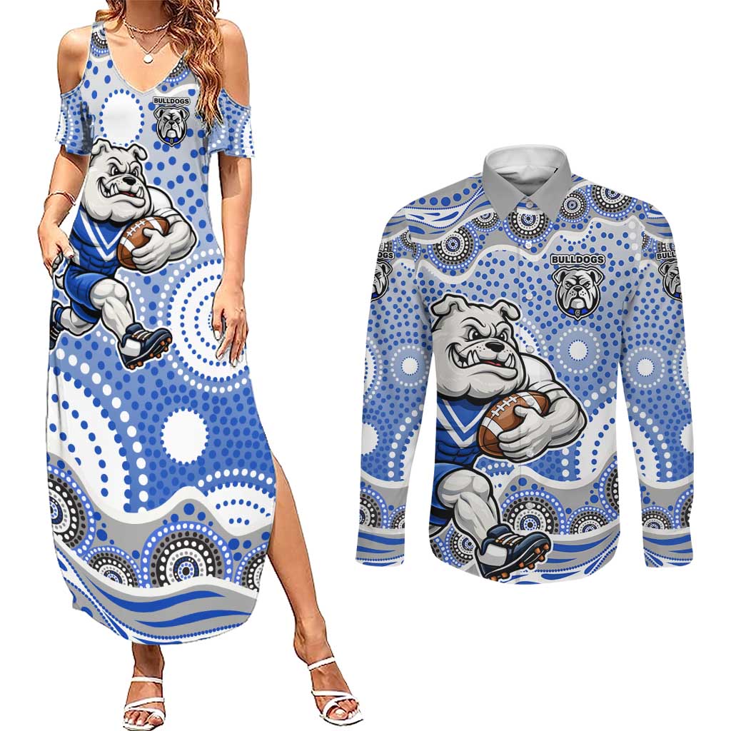Canterbury-Bankstown Bulldogs Couples Matching Summer Maxi Dress and Long Sleeve Button Shirt Aboriginal Dot Pattern - Rugby Mascot Heritage Pride