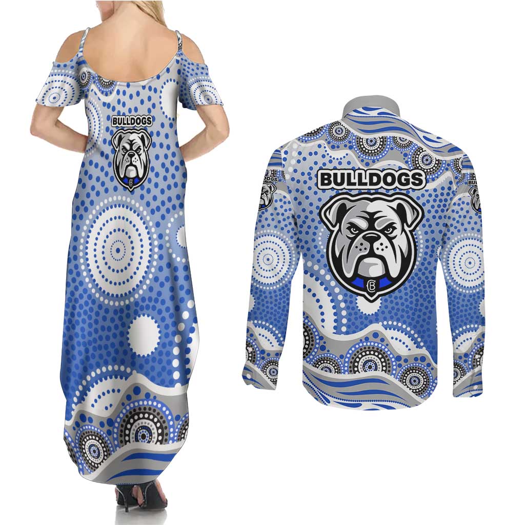 Canterbury-Bankstown Bulldogs Couples Matching Summer Maxi Dress and Long Sleeve Button Shirt Aboriginal Dot Pattern - Rugby Mascot Heritage Pride