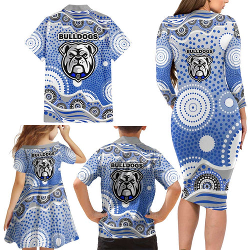 Canterbury-Bankstown Bulldogs Family Matching Long Sleeve Bodycon Dress and Hawaiian Shirt Aboriginal Dot Pattern - Rugby Mascot Heritage Pride