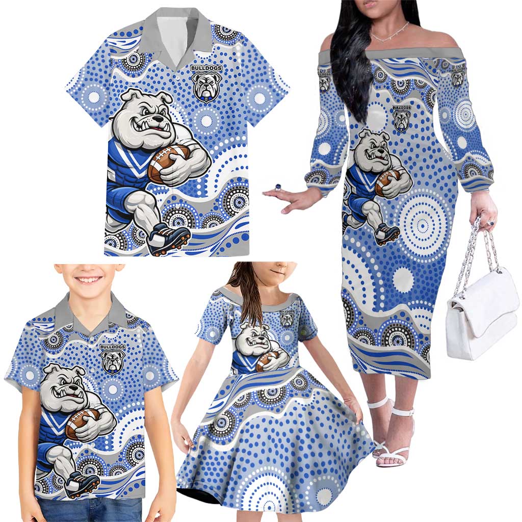 Canterbury-Bankstown Bulldogs Family Matching Off The Shoulder Long Sleeve Dress and Hawaiian Shirt Aboriginal Dot Pattern - Rugby Mascot Heritage Pride