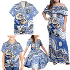 Canterbury-Bankstown Bulldogs Family Matching Off Shoulder Maxi Dress and Hawaiian Shirt Aboriginal Dot Pattern - Rugby Mascot Heritage Pride