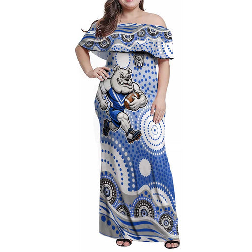 Canterbury-Bankstown Bulldogs Family Matching Off Shoulder Maxi Dress and Hawaiian Shirt Aboriginal Dot Pattern - Rugby Mascot Heritage Pride