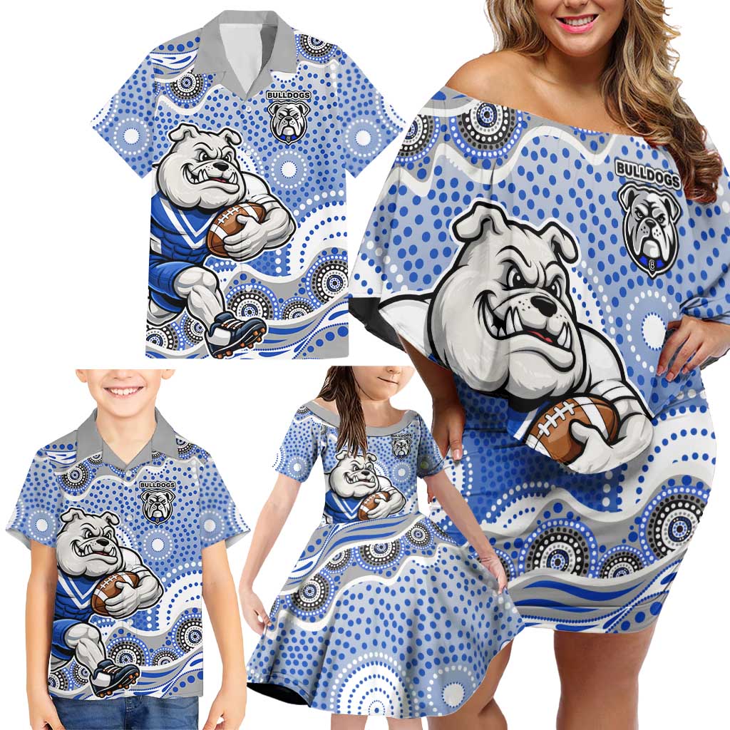 Canterbury-Bankstown Bulldogs Family Matching Off Shoulder Short Dress and Hawaiian Shirt Aboriginal Dot Pattern - Rugby Mascot Heritage Pride