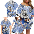 Canterbury-Bankstown Bulldogs Family Matching Off Shoulder Short Dress and Hawaiian Shirt Aboriginal Dot Pattern - Rugby Mascot Heritage Pride